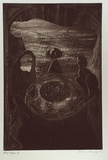 Artist: CHERRY, Chris | Title: not titled [figurative forms gathered around a cylindrical object in dark cavern]. | Date: 1982 | Technique: etching, printed in brown ink from one plate