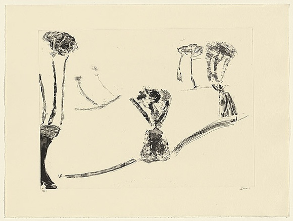 Artist: b'Murphey, Idris.' | Title: b'Not titled [ambiguous landscape- trees on either side joined by road to hourglass shaped object in centre].' | Date: 2002 | Technique: b'etching and open-bite, printed in black ink, from one plate'
