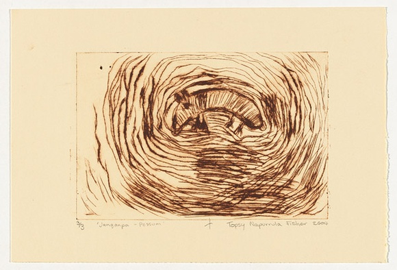 Artist: b'Napurrula Fisher, Topsy.' | Title: b'Janganpa - possum' | Date: 2004 | Technique: b'drypoint etching, printed in brown ink, from one perspex plate'