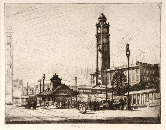 Artist: b'LONG, Sydney' | Title: b'Station Square [1]' | Date: 1927 | Technique: b'line-etching, drypoint printed in brown ink, from one copper plate' | Copyright: b'Reproduced with the kind permission of the Ophthalmic Research Institute of Australia'