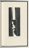 Artist: b'AMOR, Rick' | Title: b'Not titled (face peering through doorway with text verso).' | Date: 1990 | Technique: b'woodcut, printed in black ink, from one block'