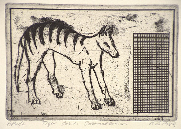 Artist: b'Daw, Robyn.' | Title: b'Tiger posits post-modernism' | Date: 1989, November | Technique: b'etching, printed in black ink, from one plate'