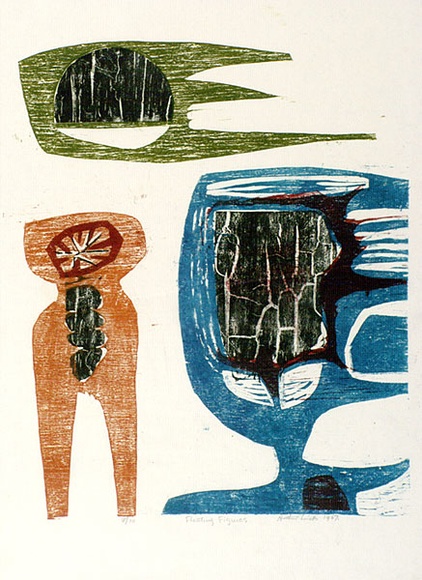 Artist: b'WICKS, Arthur' | Title: b'Floating figures' | Date: 1967 | Technique: b'woodcut, printed in colour, from multiple blocks'