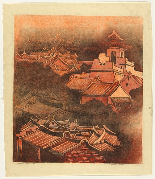 Artist: b'Thorpe, Lesbia.' | Title: b'Evening glow' | Date: 1977 | Technique: b'woodcut, printed in colour, from four blocks'