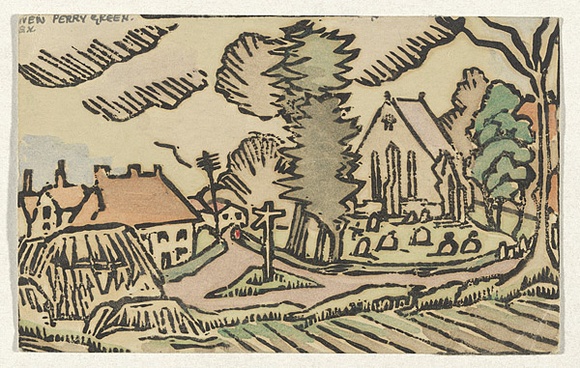 Artist: bO'Connell, Ella. | Title: b'New Perry Green: a postcard.' | Date: (1939) | Technique: b'linocut, rubber stamps, pen and ink, hand-coloured'