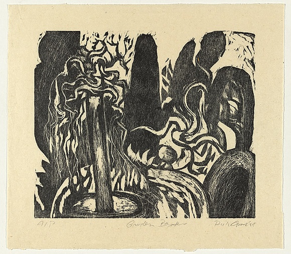 Artist: b'AMOR, Rick' | Title: b'Garden Baxter.' | Date: 1985 | Technique: b'woodcut, printed in black ink, from one block'