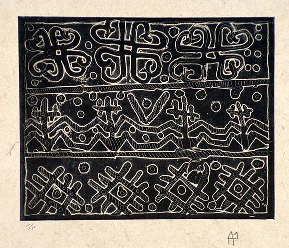 Artist: Wahdu Saietow. | Title: Spirit motif design no.2 | Date: 1991 | Technique: relief-etching, printed inblack ink, from one plate