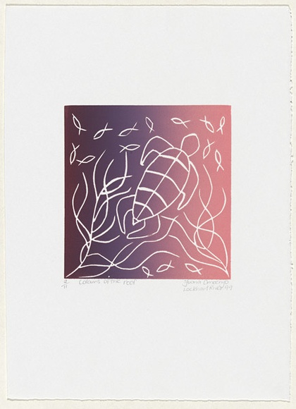 Artist: b'Omeenyo, Fiona.' | Title: b'Colours of the reef' | Date: 1999 | Technique: b'linocut, printed in colour, from one block'