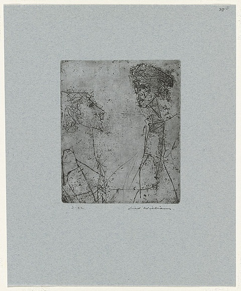 Artist: b'WILLIAMS, Fred' | Title: b'Two heads' | Date: 1955-56 | Technique: b'etching, drypoint and foul biting, printed in black ink, from one zinc plate' | Copyright: b'\xc2\xa9 Fred Williams Estate'