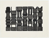 Artist: b'TUNGUTALUM, Bede' | Title: b'Pukumani poles 1' | Date: 1988 | Technique: b'linocut, printed in black ink, from one block' | Copyright: b'\xc2\xa9 Bede Tungutalum, Licensed by VISCOPY, Australia'