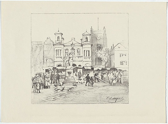 Artist: Allport, C.L. | Title: A market place in the Latin Quarter, Paris. | Date: c.1910 | Technique: lithograph, printed in black ink, from one stone [or plate]