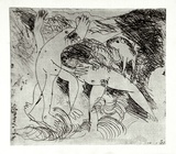 Artist: b'BOYD, Arthur' | Title: b'Figure in a river with beast and dog.' | Date: (1962-63) | Technique: b'etching and drypoint, printed in black ink, from one plate' | Copyright: b'Reproduced with permission of Bundanon Trust'