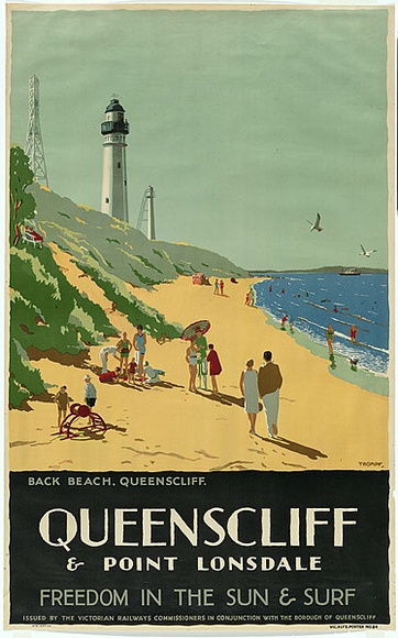 Artist: b'TROMPF, Percy' | Title: b'Queenscliff and Point Lonsdale. Freedom in the sun and surf.' | Date: c.1935 | Technique: b'lithograph, printed in colour, from multiple stones'