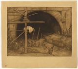 Artist: TRAILL, Jessie | Title: Building a tunnel, 'Genoa'. | Date: 1927 | Technique: etching, printed in brown ink with plate-tone and wiped highlights, from one plate