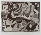 Artist: Birmingham, Richard. | Title: not titled [dream-like figures and abstract shapes] | Date: 1989 | Technique: etching, printed in black ink, from one plate
