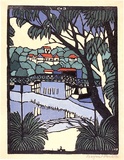 Artist: b'PRESTON, Margaret' | Title: b'Mosman Bridge.' | Date: c.1927 | Technique: b'woodcut, printed in black ink, from one block; hand-coloured' | Copyright: b'\xc2\xa9 Margaret Preston. Licensed by VISCOPY, Australia'