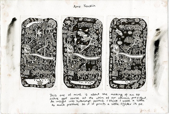 Artist: Franklin, Annie. | Title: Golf course. | Date: 1992 | Technique: etching, printed in dark brown ink, from thee plates