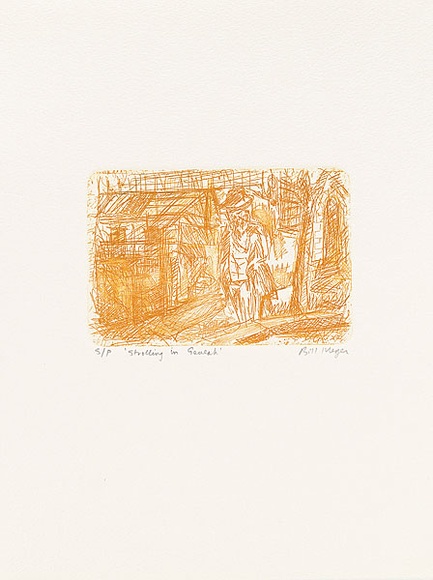 Artist: b'MEYER, Bill' | Title: b'Strolling in Geulah' | Date: 1992 | Technique: b'etching, printed in mustard ink, from one zinc plate' | Copyright: b'\xc2\xa9 Bill Meyer'