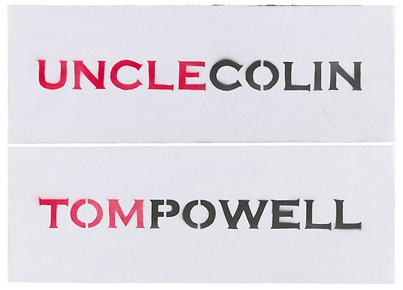 Artist: b'Azlan.' | Title: b'Powell.' | Date: 2003 | Technique: b'stencil, printed in black and red ink, from multiple stencils'