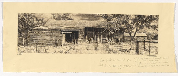 Artist: b'PORTER, Chris' | Title: b'Untitled [shed]' | Date: 1995-96 | Technique: b'etching, printed in black and sepia ink from one plate.'