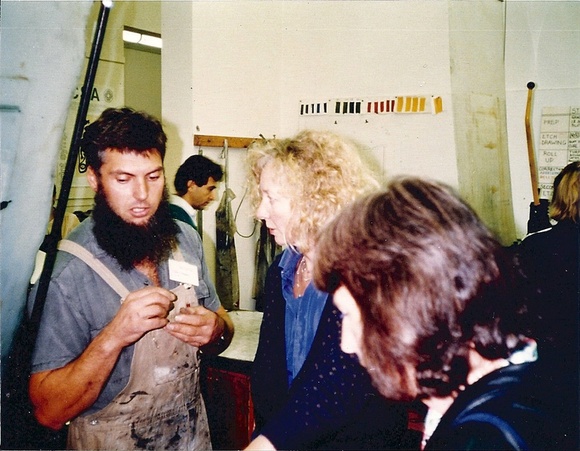 Title: b'Theo Tremblay and Pippa Lightfoot at Canberra School of Art lithography workshop event associated with the 1st Australian Print Symposium, Canberra: National Gallery of Australia, 1989.' | Date: 1989