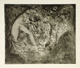 Artist: b'BOYD, Arthur' | Title: b'Nude with dog in thicket.' | Date: (1962-63) | Technique: b'etching, printed in black ink, from one plate' | Copyright: b'Reproduced with permission of Bundanon Trust'