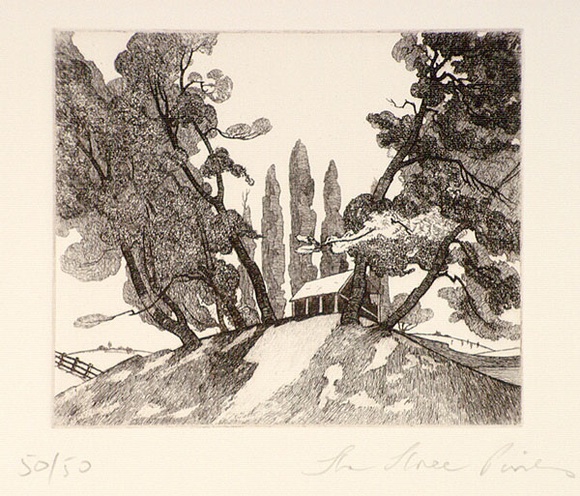 Artist: b'FEINT, Adrian' | Title: b'The three pines.' | Date: c.1925 | Technique: b'etching, printed in black ink, from one plate' | Copyright: b'Courtesy the Estate of Adrian Feint'