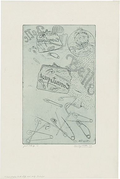 Artist: b'WALKER, Murray' | Title: b'A cosmetiques still life and self portrait.' | Date: 1973 | Technique: b'etching, printed in black ink, from one plate'