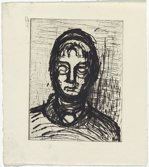 Artist: b'MADDOCK, Bea' | Title: b'Self-portrait, Slade' | Date: 1960 | Technique: b'drypoint, printed in black ink, from one copper plate'