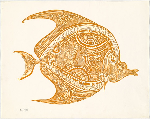 Artist: b'Morububuna, Martin.' | Title: b'Bulala [fish]' | Date: 1975 | Technique: b'screenprint, printed in orange/yellow ink, from one stencil'