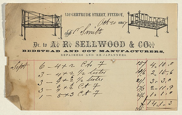 Title: b'Bill head for A.R. Sellwood & co., bedstead and cot manufacturers' | Date: 1885 | Technique: b'wood-engraving, printed in black ink, from one block; letterpress'