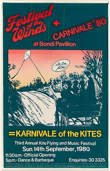 Artist: b'Lane, Leonie.' | Title: bFestival of the winds +  Carnivale '80 at Bondi Pavilion. | Date: 1980 | Technique: b'screenprint, printed in colour, from two stencils' | Copyright: b'\xc2\xa9 Leonie Lane'