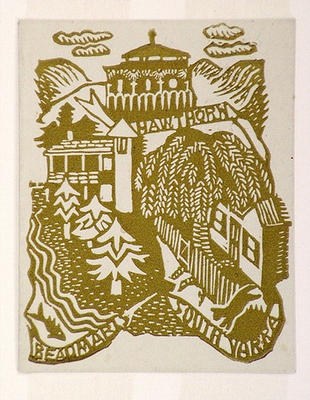 Artist: b'OGILVIE, Helen' | Title: b'Greeting card: Christmas and change of address M. Turner Shaw' | Date: c.1940 | Technique: b'linocut, printed in yellow/green, from one block'