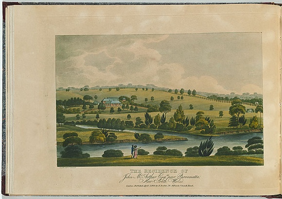 Artist: b'LYCETT, Joseph' | Title: b'The residence of John McArthur [sic] Esq. near Parramatta, New South Wales.' | Date: 1825 | Technique: b'etching, aquatint and roulette, printed in black ink, from one copper plate; hand-coloured'