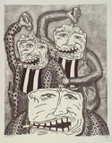 Artist: Hay, Bill. | Title: not titled [Three men smoking, two pouring beer on their heads] | Date: c.1990 | Technique: lithograph, printed in black ink, from one stone; hand-coloured