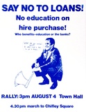 Artist: b'EARTHWORKS POSTER COLLECTIVE' | Title: b'Say no to loans! No education on hire purchase!' | Date: 1977 | Technique: b'screenprint, printed in blue ink, from one stencil'