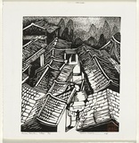 Artist: Thorpe, Lesbia. | Title: Chinese mountain village | Date: 1989 | Technique: linocut, printed in black ink, from one block