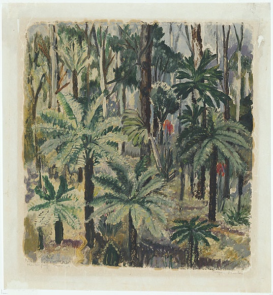 Artist: b'PRESTON, Margaret' | Title: b'Ferntree gully' | Date: 1946 | Technique: b'monotype, printed in colour, from one masonite sheet' | Copyright: b'\xc2\xa9 Margaret Preston. Licensed by VISCOPY, Australia'