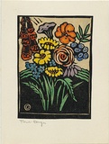 Artist: b'Reynell, Gladys' | Title: b'Flower design.' | Date: 1923-1933 | Technique: b'linocut, printed in black ink, from one block; hand-coloured' | Copyright: b'\xc2\xa9 The Estate of Gladys Reynell'