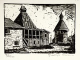 Artist: b'Owen, Gladys.' | Title: b'(Oast houses)' | Date: 1937 | Technique: b'wood-engraving, printed in black ink, from one block' | Copyright: b'\xc2\xa9 Estate of David Moore'