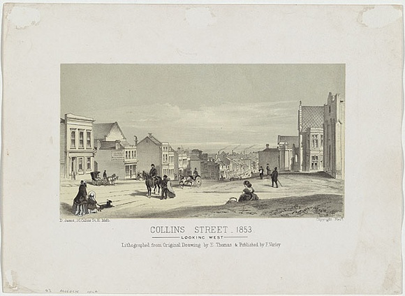 Artist: b'Turner, Charles.' | Title: b'Collins Street, Looking West.' | Date: c.1853 | Technique: b'lithograph, printed in black ink, from one stone; cream tint-stone'