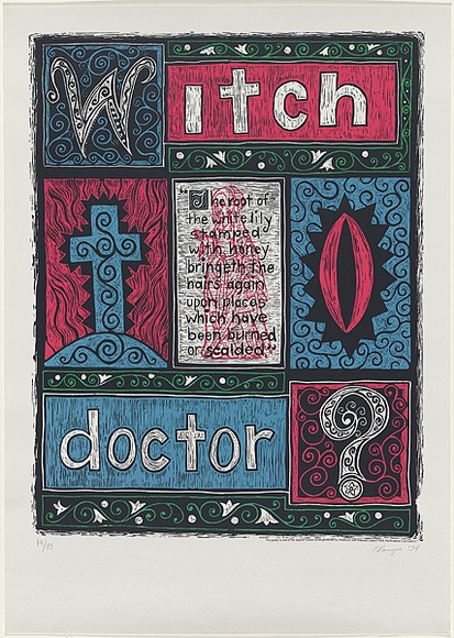 Artist: b'Ranger, Cindy.' | Title: b'Witch doctor?' | Date: 1994 | Technique: b'screenprint, printed in colour, from four stencils'