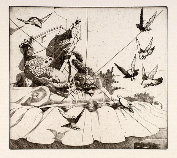 Artist: b'FEINT, Adrian' | Title: b'(Fountain with pigeons).' | Date: c.1922 | Technique: b'etching, printed in black ink, from one plate' | Copyright: b'Courtesy the Estate of Adrian Feint'