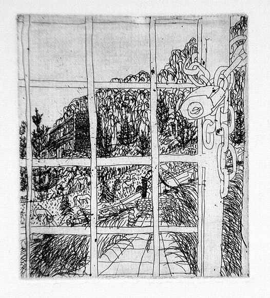 Artist: b'Rooney, Elizabeth.' | Title: b'(Padlocked gate)' | Date: 1975 | Technique: b'etching, printed in black ink with plate-tone, from one copper plate'