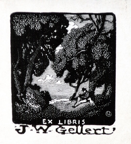 Artist: b'LINDSAY, Lionel' | Title: b'Bookplate: J.W. Gellert' | Date: 1923 | Technique: b'wood-engraving, printed in black ink, from one block' | Copyright: b'Courtesy of the National Library of Australia'