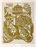 Artist: OGILVIE, Helen | Title: Greeting card: Christmas and change of address M. Turner Shaw | Date: c.1940 | Technique: linocut, printed in yellow/green, from one block