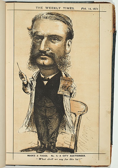 Title: b'A city auctioneer [Mr H.M.C. Gemmell].' | Date: 14 February 1874 | Technique: b'lithograph, printed in colour, from multiple stones'