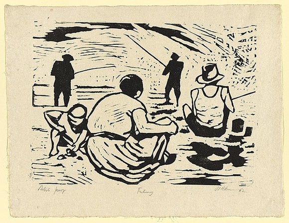 Artist: b'Allen, Joyce.' | Title: b'Fishing.' | Date: 1962 | Technique: b'linocut printed in black ink, from one block'