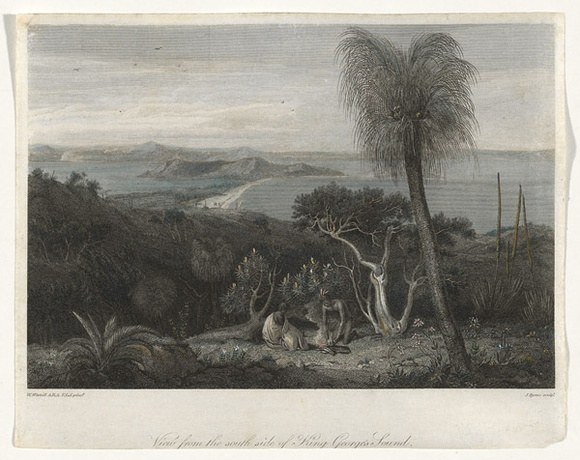 Title: bView from the south side of King George's Sound. | Date: 1814 | Technique: b'engraving, printed in black ink, from one copper plate; hand-coloured at a later date'