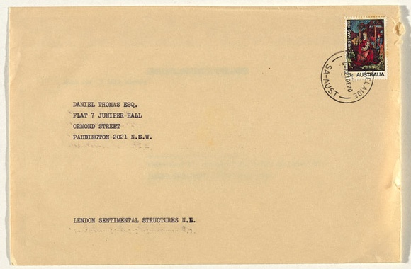 Artist: b'Lendon, Nigel.' | Title: b'not titled [envelope addressed to Daniel Thomas containing a sheet of typescript, received from Lendon Sentimental Structures' | Date: (1970) | Technique: b'typescript'